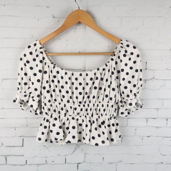 TIMING WHITE WITH BLACK POLKA DOT BUBBLE SLEEVE CROP TOP SIZE LARGE - Picture 5 of 5